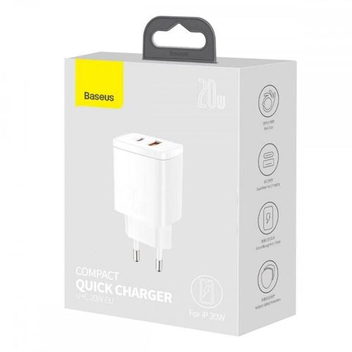 Carregador Rápido USB+USB-C com Power Delivery Baseus 20W - Branco For Cheap